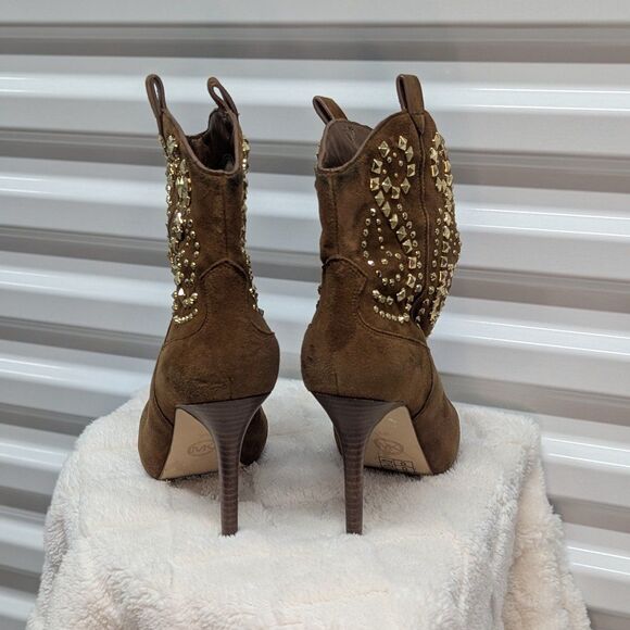 Michael Michael Kors Size 8 Cognac Brown & Gold Studded Ankle Boots (SB1) - Picture 3 of 8